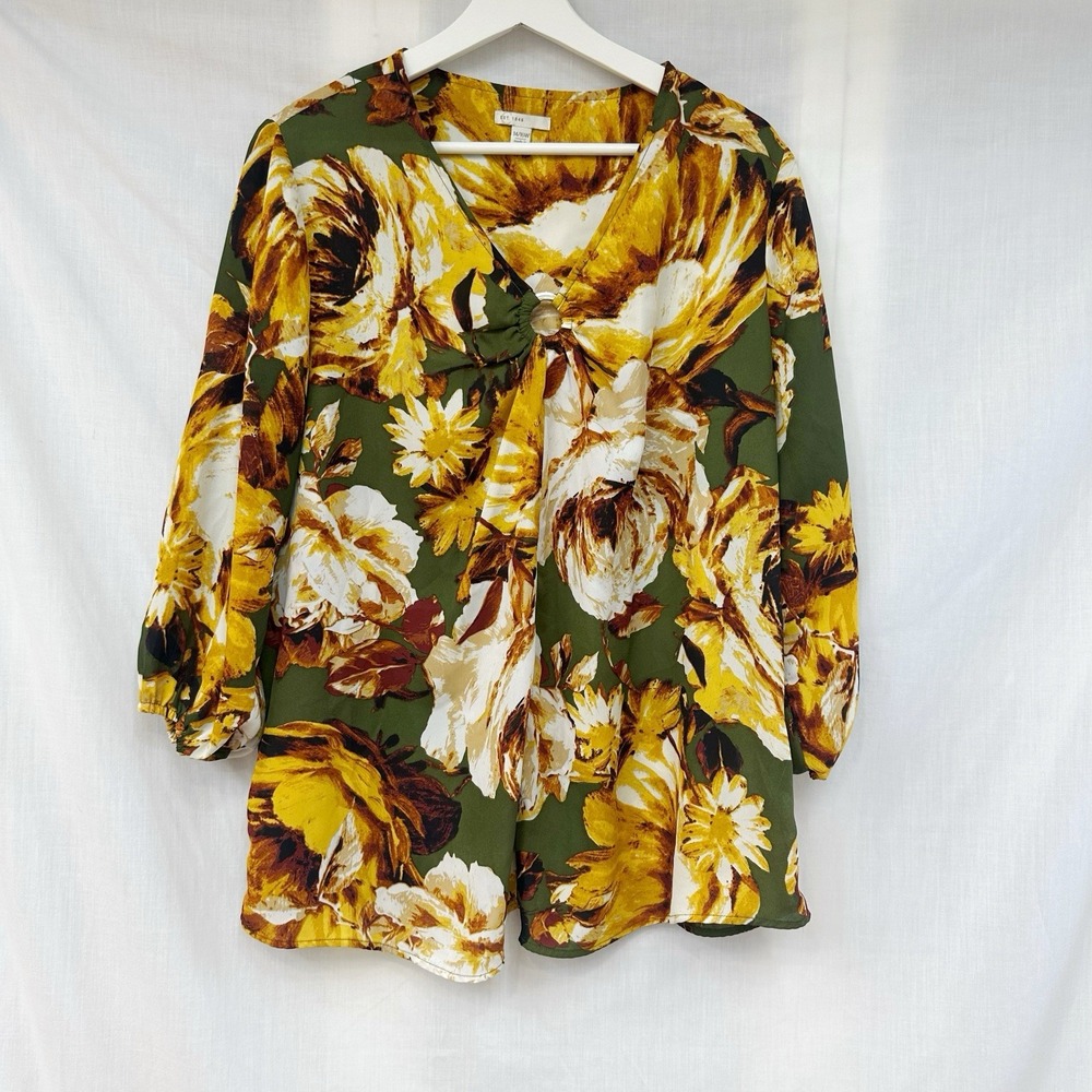 Cato Womens 14/16 W Top Green‎ Floral O-Ring Long Sleeve Pullover Blouse Fall